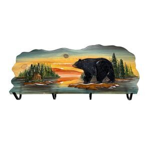 Rustic Walking Bear Cabin Wood Wall Coat Rack 39.5 inch with 4 Hooks